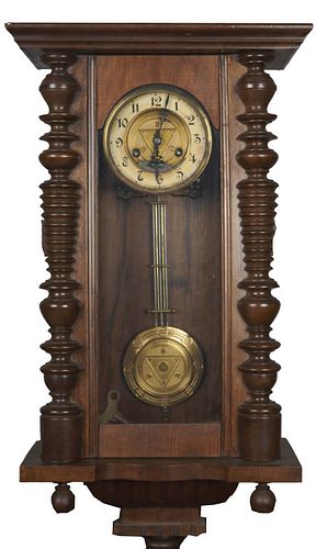 19th century regulator wall clock Late 19th century Vienna regulator hanging wall clock with chime, the rectangular formed clock with a clear fenestra
