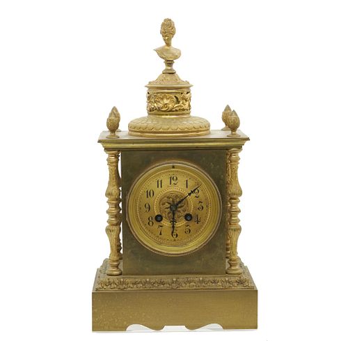 Oldfield French bronze clock Oldfield French bronze clock with chime, the gilt brass mantle clock with a round dial and Arabic numerals flanked by two