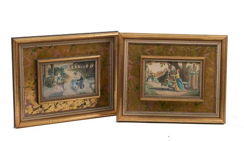 A pair of courting prints The polychromed prints depicting young men and women in courting scenes in 18th century attire, the prints now in giltwood f