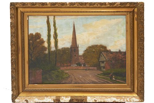 19th century English oil on canvas 19th century English oil on canvas attributed to J. Goodall, the pastoral scene depicts a steeple church in the cou