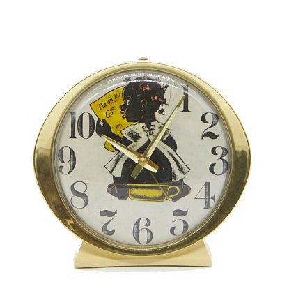 Westclock Black Americana alarm clock American Westclock co. alarm clock circa 1950â€™s Black Americana
Approx 5" x 5"   
Not tested, (as is) condit