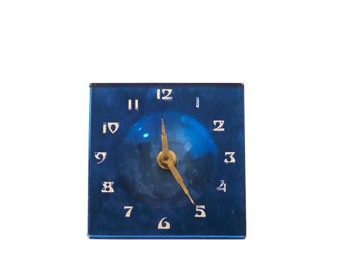 Blue Deco mirror glass clock Blue Deco style mirror glass clock
Approx 4" x 4"      
Not tested, (as is) condition