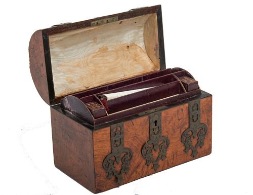 Late 19th century English letter box Late 19th century English letter box.
The burl wood casket form letter box, with engraved metal straps and carry