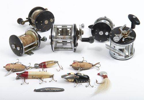 Assorted group of  fishing reels Misc assortment of 5 Vinatge fishing reels by Jaloxe models 190, 325, 630, 950, 1215, with assorted lures