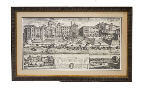 18th century Piranesi style print Three sheet 18th century Piranesi style engraving, "capture of Sicily" in a partial gilt mahogany wood frame and a d