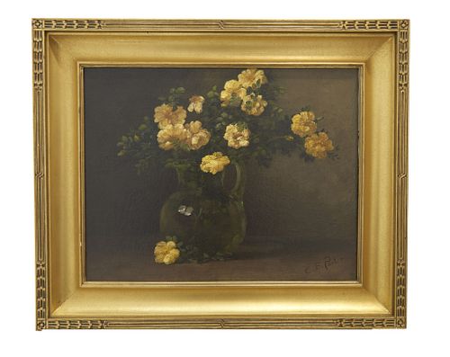 Floral oil on canvas still life American early 20th century Floral oil on canvas still life,  framed in a gilt molded frame. Charles  E Porter America