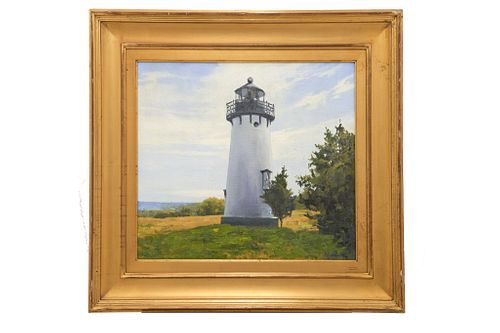American 20th century polychrome oil on canvas American 20th century polychrome oil on board of a lighthouse signed lower right indiscernibly now in a