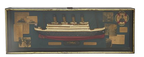 Titanic diorama Circa 1970s Titanic diorama Circa 1970s with photo copies of articles from the period in a shadow box frameApprox 13" x 42"