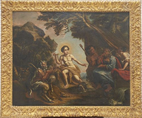 Oil on canvas Cuzco School Oil on canvas Cuzco School depicting allegorical scene with multiple figures, now in a gilt wood frame 
Approx site size 3
