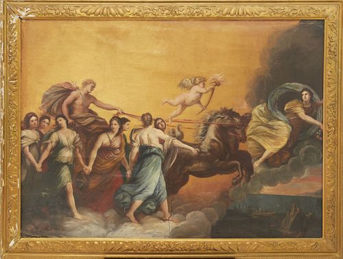 Old master style oil on canvas Late 19th/early 20th century The polychrome old master style painting depicting an allegorical scene is in as is condit