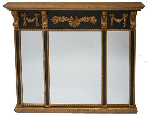 English regency style Mirror English regency style carved and gilt wood over mantle beveled mirror 
Approx 59" x 39"