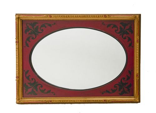 Victorian style Mirror Victorian style mirror with oval mirror plate now framed in a red lacquer surround with a carved and gilt wood frame 
Approx o
