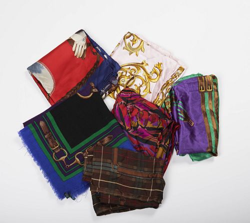 Lot of 6 vintage scarves, including 4 Ralph Lauren - Wool Ralph Lauren scarf 'LXVII' 41in x 41in.
- Silk Ralph Lauren scarf aprox 34in x 34inch
- Si