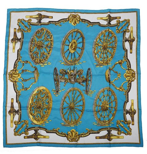 Hermes silk scarf  "Roues de Canon" Hermes silk scarf "Roues de Canon" by Cathy Latham. Approx 34in x34in. Made in France.