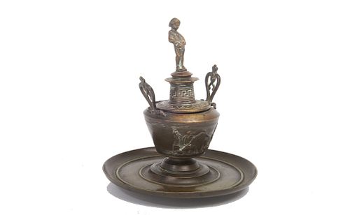 Early 20th century neoclassical style Standish Early 20th century neoclassical style Standish, the bronze inkwell is covered and is surmounted by a yo