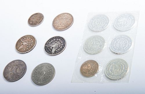 Assorted lot of silver Coins Assorted lot of 12 Coins, including but not exclusive of four American 3 silver dollars, one half dollar, one English que