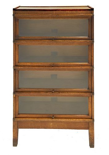 Globe Wernieke Bookcase Original Globe Wernieke four stack oak attorneys bookcase with brass straps and original interior labels, as is condition with