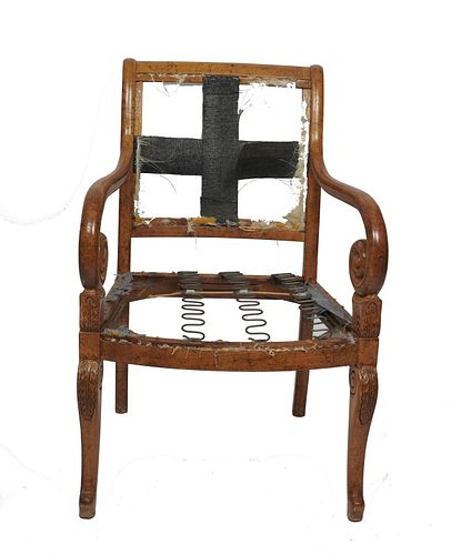 French Directoire style open arm chair Directoire style open arm chair, the open arm chair or fauteuil is burl wood as is condition un upholstered