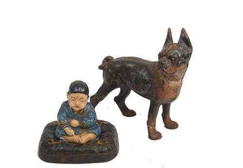 Vintage Hurley cast iron door stops One cast iron Boston bull terrier along with a Chinoiserie figure sitting