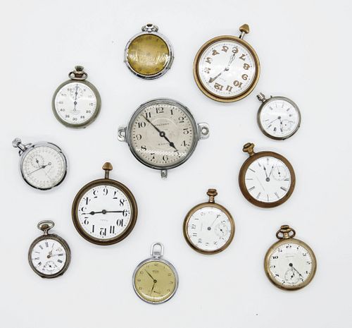 Assorted group of time pieces Assorted group of men's time pieces including but not exclusive of  two stop watches, several pocket watches with hunter