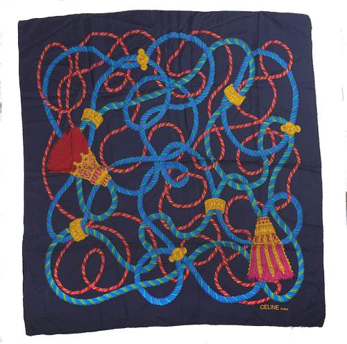 Celine vintage silk scarf - navy blue Celine silk scarf, approx 33in x 33in. Navy ribbon and tassels. Made in Italy