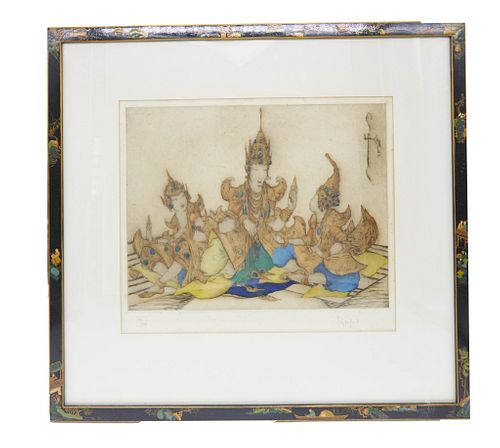 Orientalist style etching Signed in pencil lower right. By Elyse Ashe Lord 
"The instruction"
Hand colored 97/100
Approx site size 11.5" x 14.5", 