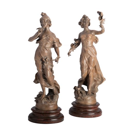 Two art nouveau sculptures of women Two (2) Art Nouveau white metal sculptures of women, after  Rousseau, (as is) condition
B-4.5" x 10" V-8"base 20t