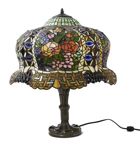 Tiffany Style Table Lamp with Leaded Glass Shade Tiffany Style Table Lamp with Leaded Glass Shade 
Approx. 24"h 
Approx 20" dia 20th Century