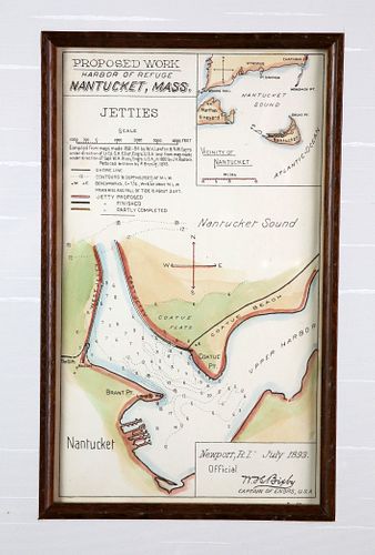 Antique 1893 Hand Colored Map of Nantucket Harbor