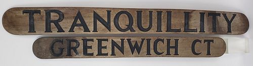 Two Vintage Teak Yacht Quarterboards, "Tranquility, Greenwich CT"
