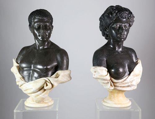 Pair of Carved Marble Blackamoor Busts, Italian, 20th Century