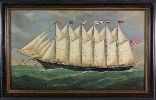 Robert E. Nickerson Oil on Canvas "Portrait of the 6-Mast Ship George Wells"