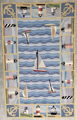 Vintage Lighthouses, Sailboats, and Anchors Nautical Hooked Rug
