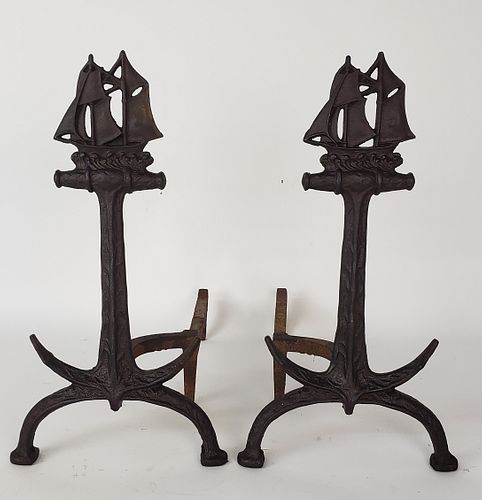 Pair of Vintage Cast Iron Anchor and Clipper Ship Figural Andirons