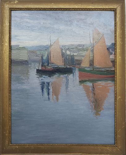 Fine Antique Oil on Artist Board Impressionist Harbor Scene, 19th Century