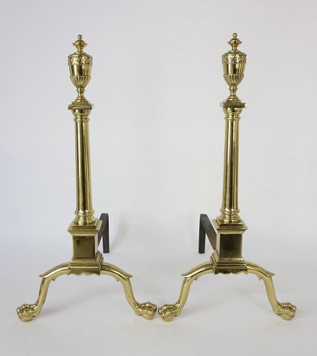 Pair of Brass Chippendale Style Urn Top Andirons