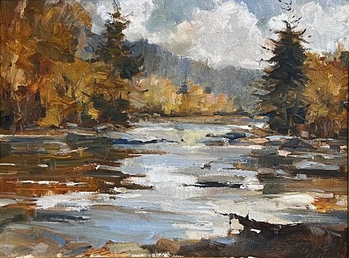 Attributed to David Lazarus Oil on Canvas "New England Fall Riverscape"