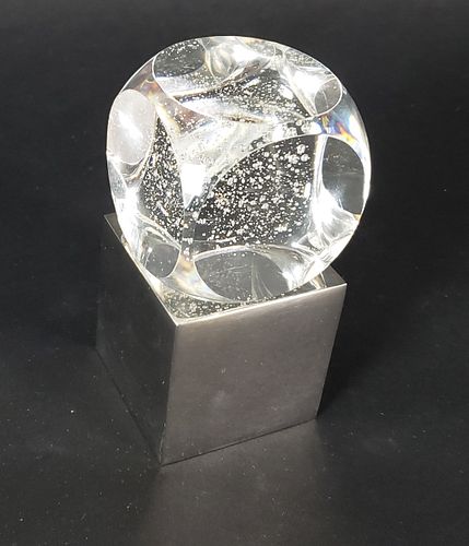 Unique Vintage Signed Steuben Clear Crystal Glass Stardust Bubble Cube Paperweight