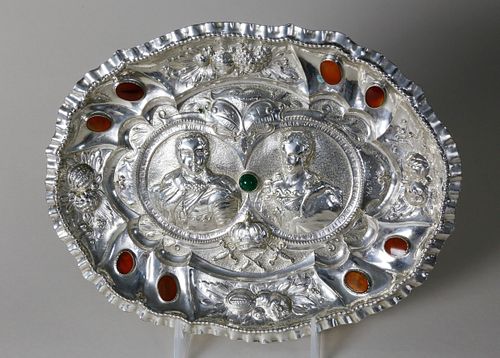 German "Jeweled" Silver Commemorative Dish, last half of the 19th Century