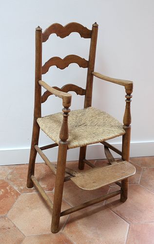 English Oak Ladder Back Rush Seat High Chair, 19th Century