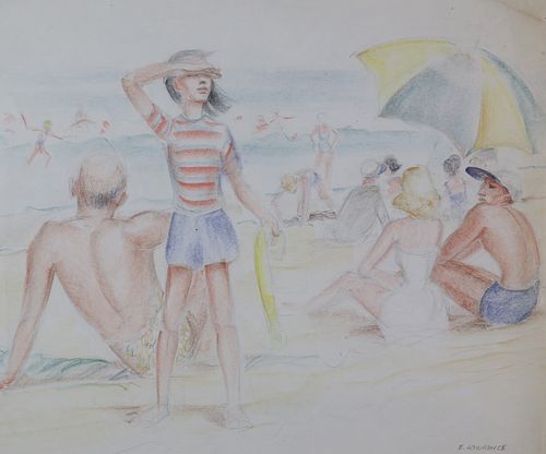 Edna W. Lawrence Conte Crayon and Graphite "Beach Day," circa 1940