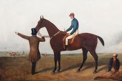 JOCKEY HORSE TRAINER AND GROOM OIL PAINTING