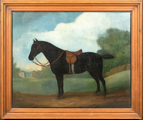 PORTRAIT OF A SADDLED BLACK HORSE IN A LANDSCAPE OIL PAINTING