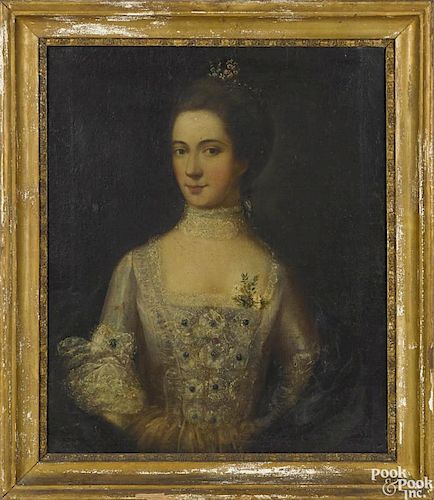 English oil on canvas portrait of a woman, late 18th c., 28 1/2'' x 24''. Provenance: Lavino family.