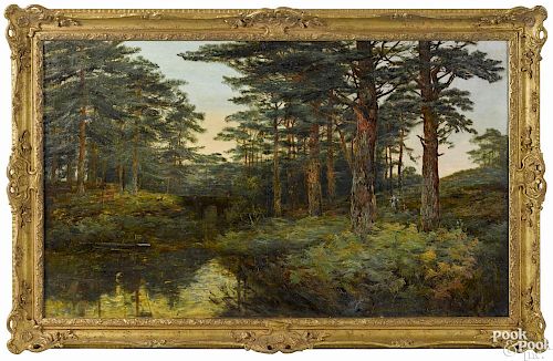 English oil on canvas wooded landscape, late 19th c., signed Allen, 30'' x 50''.