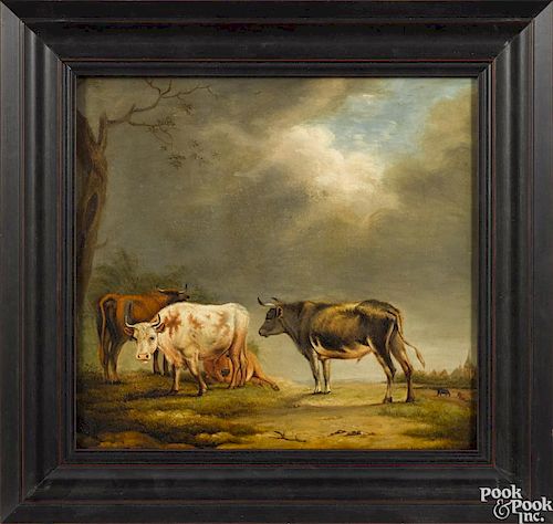 Continental oil on board landscape, 19th c., with cows, 12 1/2'' x 13 1/2''.