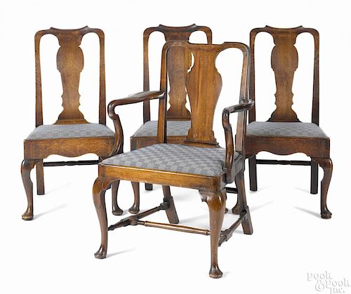 Set of Six George II oak dining chairs, mid 18th c., together with two similar armchairs.