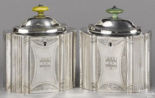Pair of English bright cut silver tea caddies, 1796-1797