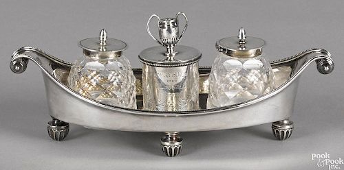 English silver standish, 1884-1885, bearing the touch EH, 3 3/4'' h., 9'' w.