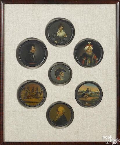 Seven framed lacquer dresser boxes, 19th c., five with bust-length portraits
